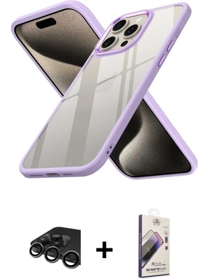 iPhone 15 Pro Max Nova Işık Serisi - Siyah Bilvis 3D Mat Cam Ekran Koruyucu + Titanyum Gri Raze Metal Kamera Lens