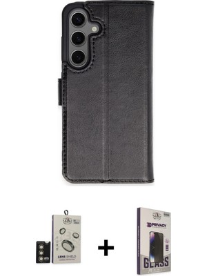 Cepte Toptan Galaxy S24 Siluet Işık Serisi - Siyah Bilvis Hayalet Cam Ekran Koruyucu + Gold Bilvis Titan Kamera Lens