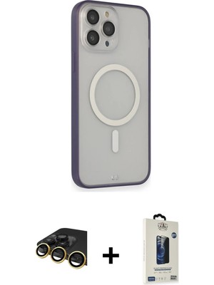 Cepte Toptan iPhone 14 Pro Siluet Işık Koleksiyonu - Siyah Bilvis Hayalet Cam Ekran Koruyucu + Gold Raze Metal Kamera Lens