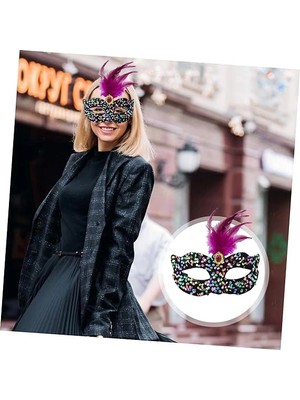 Twin Store Siyah Kadife Üzeri Rengarenk Payetli Pullu Pembe Tüylü Pembe Taşlı Parti Maskesi 19X21