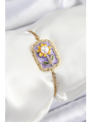Twin Store Çelik Zincir Mor Mineli Sanatsal Portre Inci Detaylı Papatya Model Gold Renk Kadı