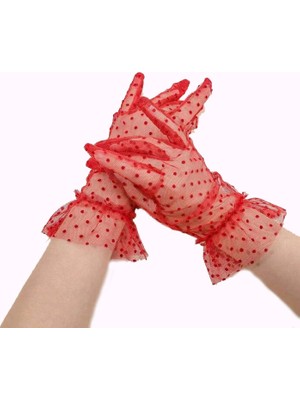 Twin Store Kısa Boy Güpürlü Kırmızı Puantiyeli Tül Eldiven Kırmızı Renk