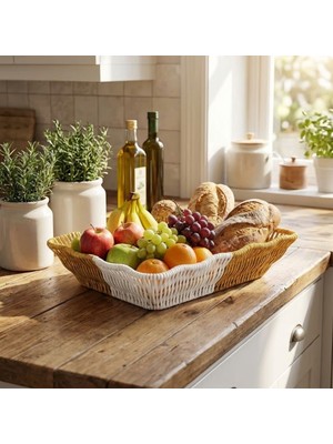 Uravas Store® Dikdörtgen Çift Renkli Plastik Rattan Ekmek ve Meyve Sepeti - Çok Amaçlı Banyo ve Mut
