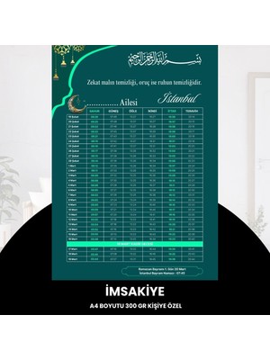 Uravas Store Ramazan Imsakiyesi - 300 gr - A4 Boyut Kişiye Özel Isimli & Logolu 10 Adet Yeşil-Turkuaz