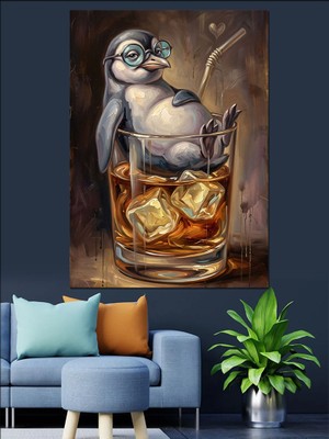 Artmeg Buzlu Bardakta Kokteyl Içen Penguen Dekoratif Kanvas - Mdf Ahşap Tablo