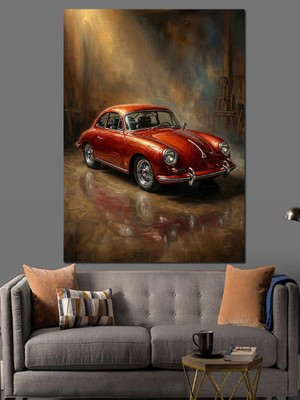 Artmeg Yolda Parlayan Kırmızı Klasik Araba Dekoratif Kanvas - Mdf Ahşap Tablo