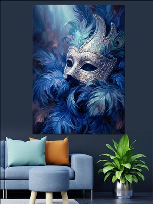 Artmeg Mavi Tüylü Venedik Maskesi Tablosu Dekoratif Kanvas - Mdf Ahşap Tablo