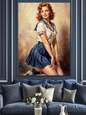 Karizma Tablo Pin-Up Tarzı Denizci Kıyafetli Kadın Dekoratif Kanvas - Mdf Ahşap Tablo