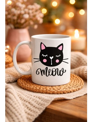 Uravas Store Sevimli Kedi Desenli Porselen Kupa Model 63 – “meow” Yazılı Kahve & Çay Keyfi Için Tatlı Tasarım