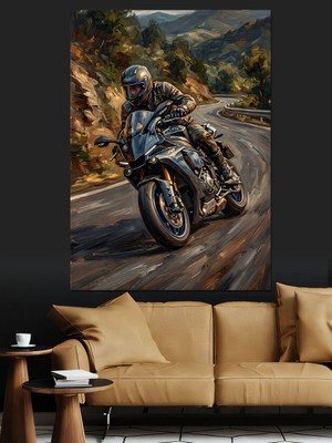 Karizma Tablo Virajlı Yolda Hız Yapan Motosiklet Dekoratif Kanvas - Mdf Ahşap Tablo