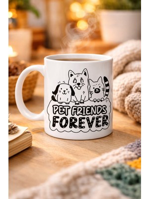 Uravas Store Pet Friends Forever Porselen Kupa Model 69 – Kedi & Köpek Figürlü Sevimli Tasarım, Hayvan Severlere