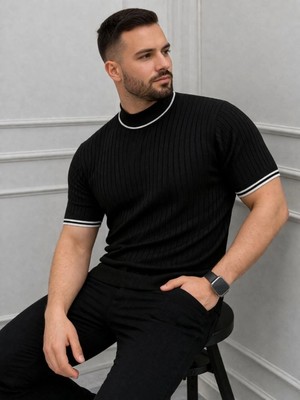 Alfanora Erkek Fitilli Triko Dokuma Kısa Kol Tişört Yarım Boğaz Modern Yazlık T-Shirt - Siyah