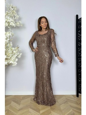 G1779 Kalp Yaka Maksi Payet Elbise Bronz