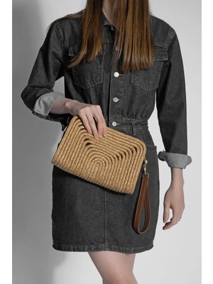Marjin Kadın Fermuarlı Çıkarılabilen Saplı El Örgüsü Clutch & Portföy El Çantası Ezino Taba Hasır