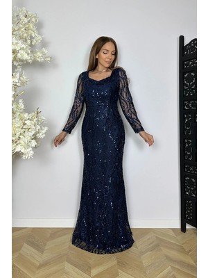 G1779 Kalp Yaka Maksi Payet Elbise Lacivert