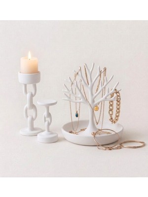 Arcanium Dekoratif Ağaç Takı Standı ve Zincir Tasarım 2'li Şamdan Seti - Modern Takı Organize Edici & Mumluk