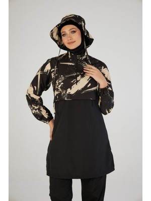 Estiva 26973 Siyah  Brushstroke Tam Kapalı Croplu Şapkalı Pantolonlu Tesettür Mayo