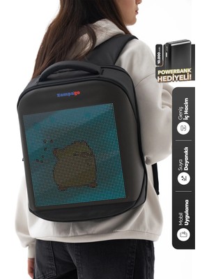 Zampago LED Ekranlı Akıllı Sırt Çantası – Sert Kasa, USB Şarj Girişli, Animasyonlu Işıklı Ekran, 10.000 mAh Powerbank Hediyeli