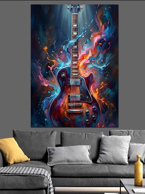 Tablomega Ateş ve Duman Içinde Gitar Dekoratif Kanvas - Mdf Ahşap Tablo