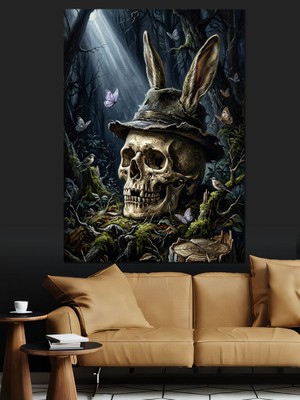 Tablomega Tavşan Kulaklı Şapkalı Kurukafa Portresi Dekoratif Kanvas - Mdf Ahşap Tablo