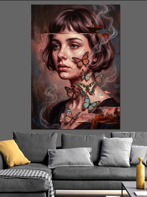 Tablomega Kelebekli ve Modern Kadın Portresi Dekoratif Kanvas - Mdf Ahşap Tablo