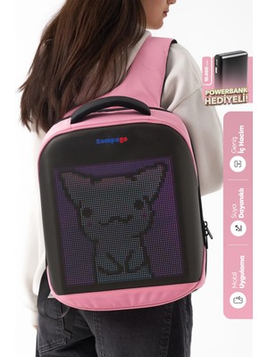 Zampago LED Ekranlı Akıllı Sırt Çantası – Sert Kasa, USB Şarj Girişli, Animasyonlu Işıklı Ekran, 10.000 mAh Powerbank Hediyeli