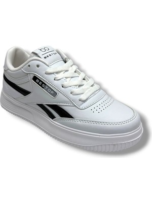Best Of 2014-26 Cilt Deri Anatomik  Bağcıklı Sneaker Beyaz Siyah 36-40