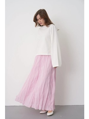 Minaaise Kadın Pembe Vual Kumaş Kırışık Uzun Astarlı Etek 29062