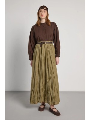 Minaaise Kadın Haki Vual Kumaş Kırışık Uzun Astarlı Etek 29062