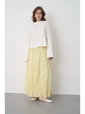 Minaaise Kadın Sarı Vual Kumaş Kırışık Uzun Astarlı Etek 29062