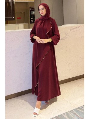 Tesettür Diyarı Krep Kumaş Kenarları Taş Işlemeli Nazende Elbise- Bordo
