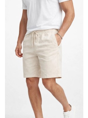 Pileli Store Erkek Keten Kumaş Cepli Rahat Kesim Bel Lastikli Şort - Krem