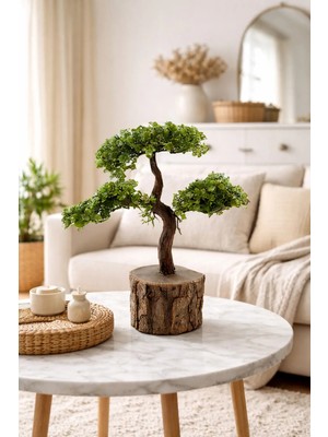 Lineva Doğal Kütük Üstü Yapay Bonsai Ağacı | Ev Ofis Masaüstü Dekoratif Ağaç