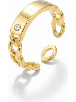 Tesbihname Zirkon Taşlı Zincir Tasarım Gold Renk 925 Ayar Gümüş Kadın Yüzük