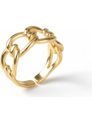 Tesbihname Zincir Tasarım Gold Renk 925 Ayar Gümüş Kadın Yüzük