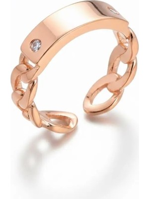 Tesbihname Zirkon Taşlı Zincir Tasarım Rose Renk 925 Ayar Gümüş Kadın Yüzük