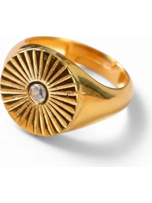 Tesbihname Zirkon Taşlı Papatya Tasarım Gold Renk 925 Ayar Gümüş Kadın Tektaş Yüzük