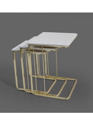 Veys Sehpa Gold 3'lü Amor Zigon Sehpa Beyazmermer MDF Üst Tablo ve Metal Altın Ayaklarla