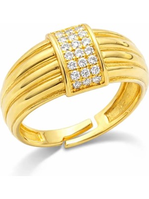 Tesbihname Zirkon Taşlı Dikdörtgen Detaylı Altın Renk Ayarlanabilir Ölçü 925 Ayar Gümüş Kadın Yüzük