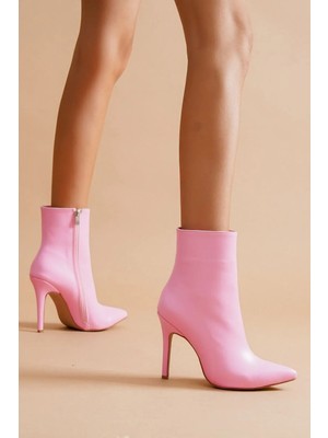 Ayakkabı Ateşi Halden Pembe Cilt Stiletto Ince Topuklu Kadın Bot