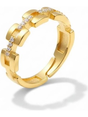 Tesbihname Zirkon Taşlı Kare Zincir Tasarım Gold Renk 925 Ayar Gümüş Kadın Yüzük