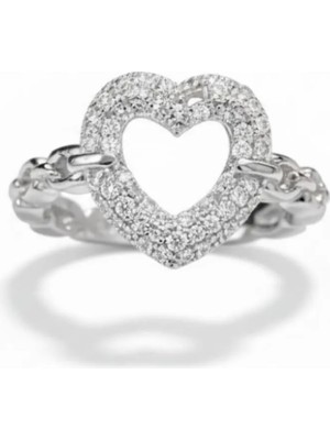 Tesbihname Beyaz Zirkon Taşlı Kalp Tasarım Silver Renk Free Size 925 Ayar Gümüş Kadın Yüzük