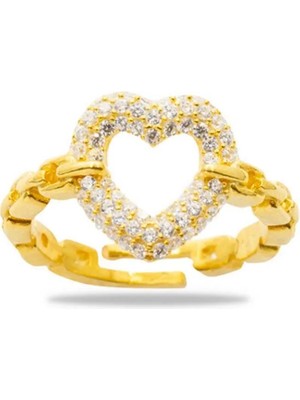 Tesbihname Beyaz Zirkon Taşlı Kalp Tasarım Gold Renk Free Size 925 Ayar Gümüş Kadın Yüzük