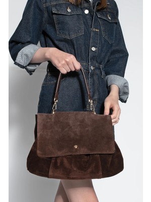 Marjin Kadın Hakiki Deri Fermuarlı Çıkabilen İç Cepli El ve Omuz Çantası Ornis Kahve Süet