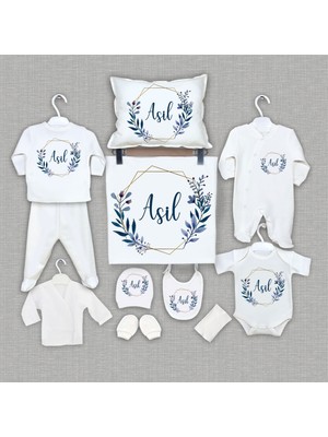 Bebeqon İsme 11'li Organik Hastane Çıkışı Erkek Çocuk İçin Ekru Renkli Özel Set