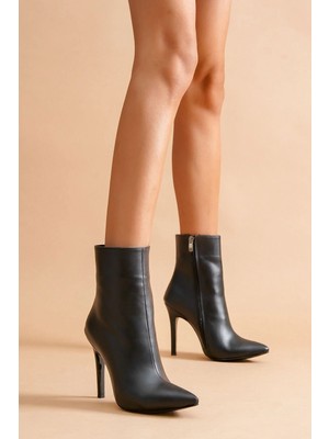 Ayakkabı Ateşi Halden Siyah Cilt Stiletto Ince Topuklu Kadın Bot