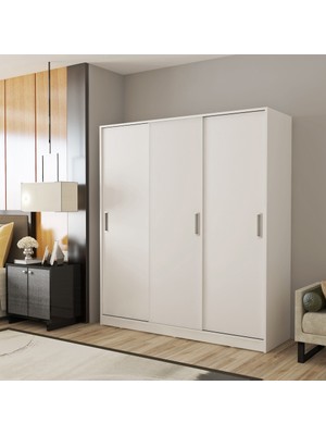 Afilli 3 Kapılı Sürgülü Gardrop Modern Tasarım Beyaz MDF Malzemeden Aynasız