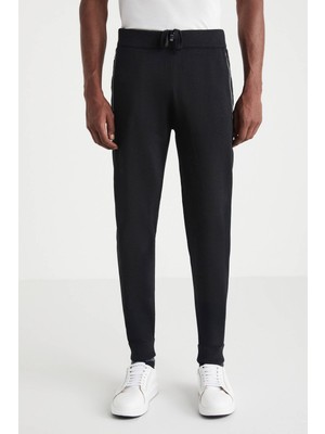 Hemington Siyah Merino Yün Activewear Şerit Detaylı Triko Pantolon