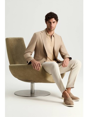 Hemington Yün-Ipek-Keten Karışım Açık Bej Blazer Ceket