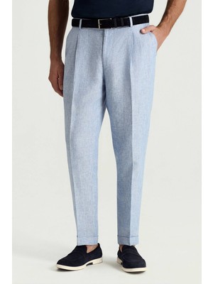 Hemington Saf Keten Açık Mavi Pileli Pantolon